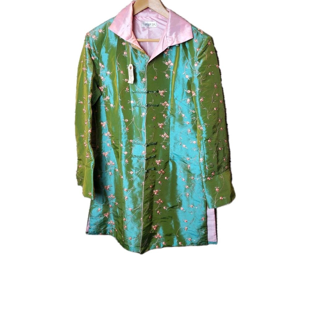 Vintage DRAGON SILK Green Floral Embroidered 100% Silk Kimono Jacket Size 14